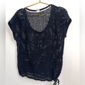 Roxy Knit Black Crochet Tee T-shirt Medium Witchy Beach Tie-at-waist